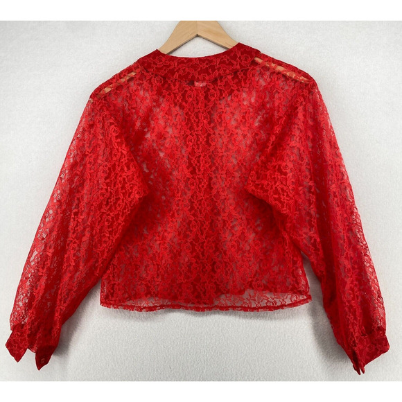 VICTORIA LANE BONNIE GOLDMAN Top S Sheer Lace Floral Button Up Long Sleeve Red - Picture 3 of 12